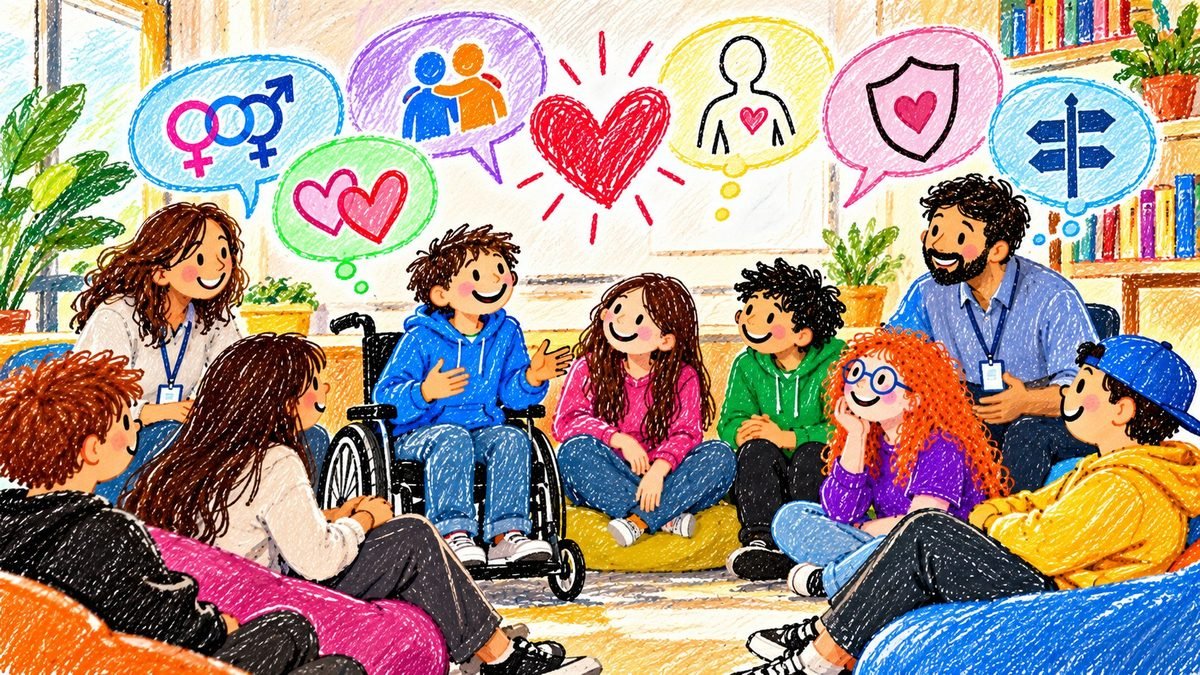 Illustrazione: un gruppo di ragazzi seduti in cerchio con due operatori, sopra di loro fumetti con cuori e simboli di relazione e protezione