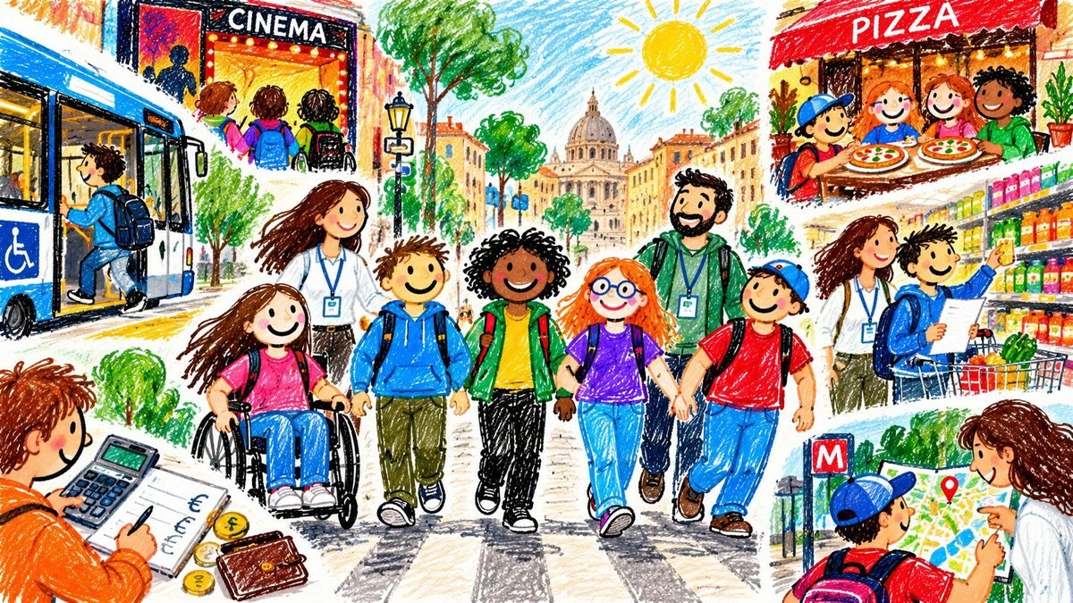 Illustrazione: ragazzi ed educatori attraversano la città tra autobus accessibile, cinema, pizzeria, supermercato e mappa della metro