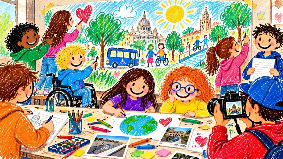 Illustrazione: una classe disegna e fotografa una Roma accessibile, con un murale di città inclusiva alle spalle