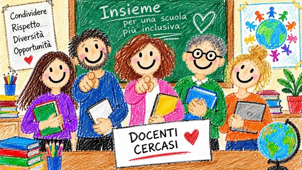 Illustrazione: cinque docenti in classe davanti a una lavagna con la scritta Insieme per una scuola piu inclusiva e un cartello Docenti cercasi