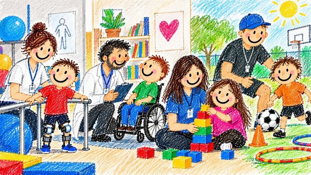 Illustrazione: fisioterapisti, educatori e un tecnico sportivo al lavoro con bambini, tra parallele, blocchi e un pallone