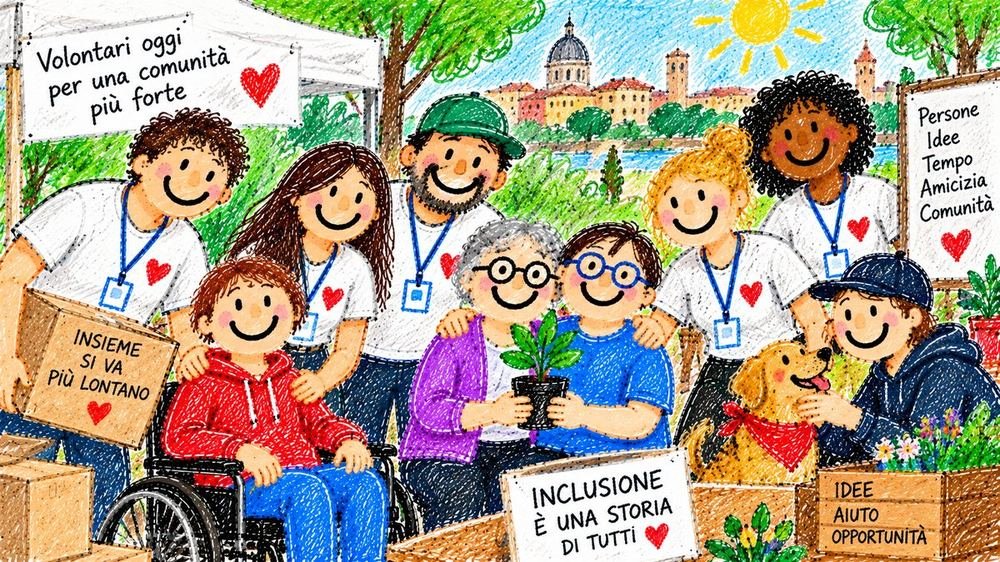 Illustrazione: un gruppo di volontari con pettorina e cartelli Volontari oggi per una comunita piu forte e Insieme si va piu lontano