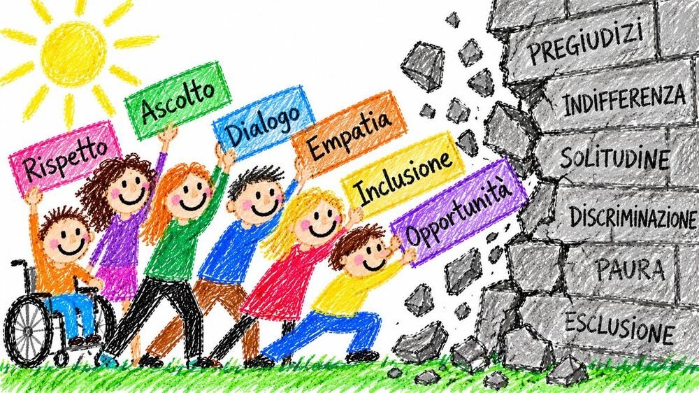 Illustrazione: ragazzi con cartelli Rispetto, Ascolto, Dialogo, Empatia, Inclusione e Opportunita abbattono un muro fatto di pregiudizi e indifferenza