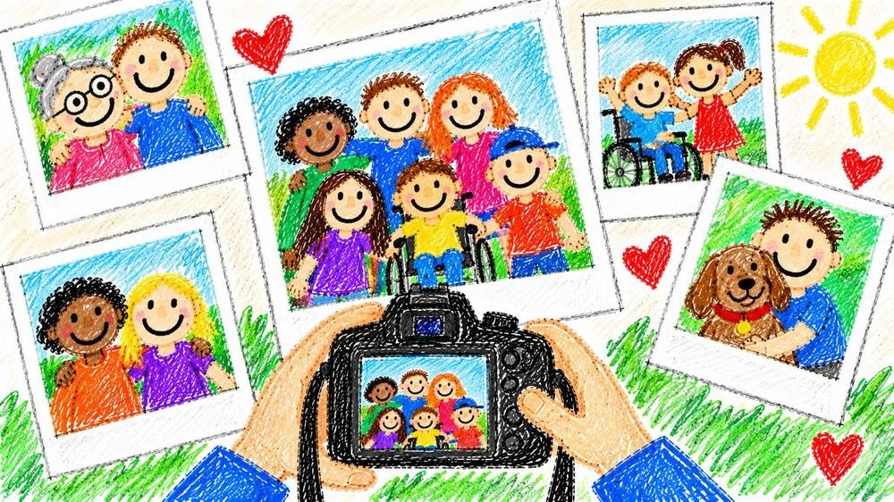 Illustrazione: mani che tengono una macchina fotografica davanti a fotografie di gruppi di ragazzi