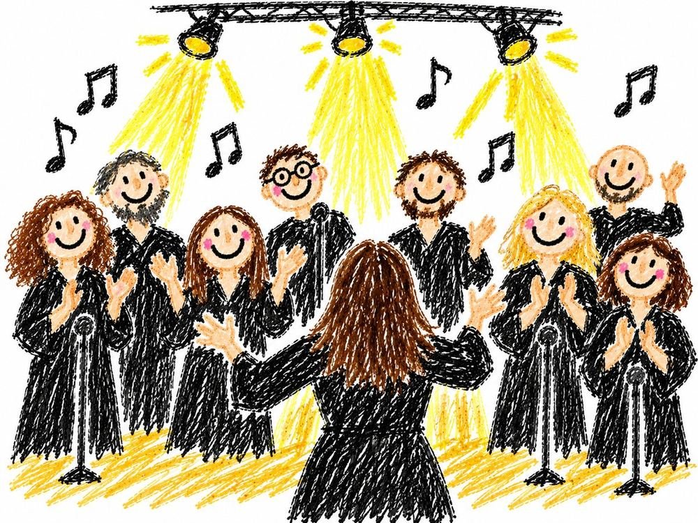 Illustrazione: un coro gospel in tunica nera canta sul palco sotto i riflettori, la direttrice dirige di spalle