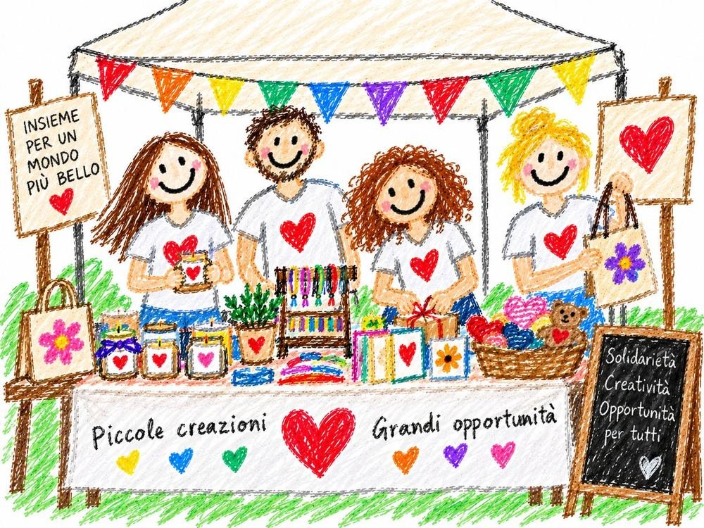Illustrazione: quattro volontari dietro il banco di un mercatino solidale con candele, bigiotteria e pacchetti fatti a mano